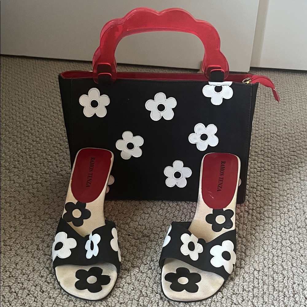 Ramon Tenza Vintage Black & White Floral Bag, Matching Sandals w/ Flower heel.